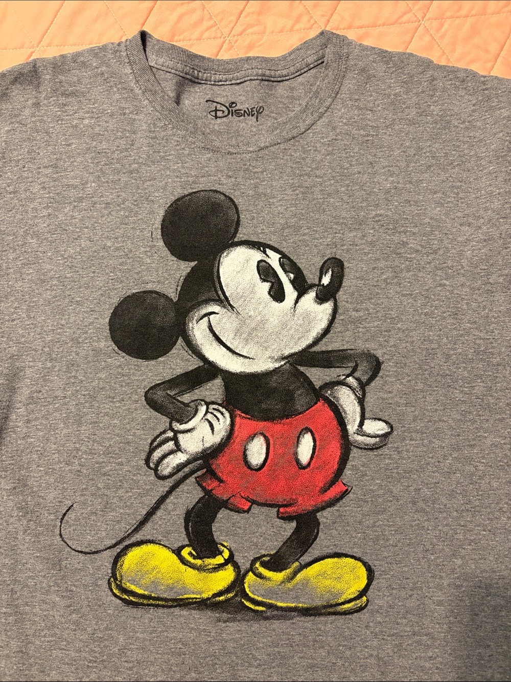 Disney Gray Mickey Mouse Graphic Tee with Red Shorts and Yellow Shoes